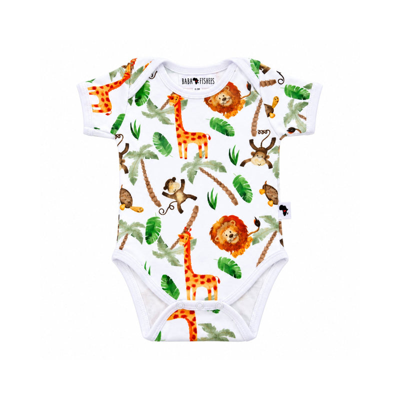 White short-sleeve Classic Onesie - Simba Watercolour with orange giraffes and lions, brown monkeys and turtles, green palms, an envelope neckline and crotch press studs.