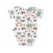 A short-sleeve baby bodysuit with an all-over safari print featuring giraffes, elephants, zebras, palm trees, flamingos, and birds.