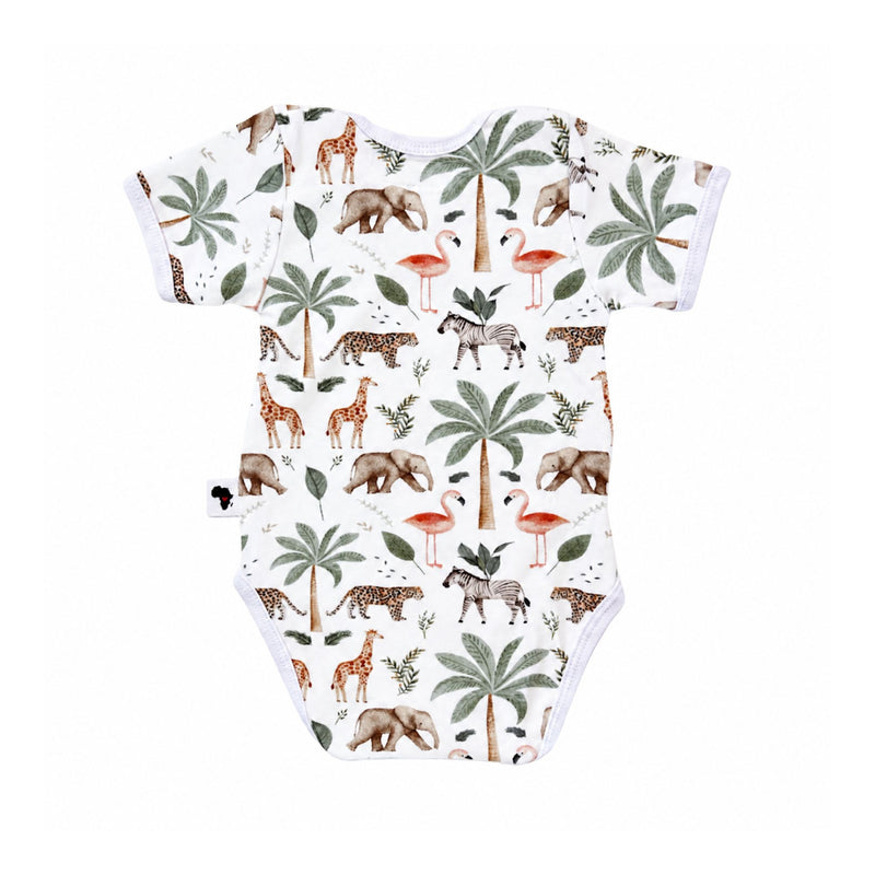 A short-sleeve baby bodysuit with an all-over safari print featuring giraffes, elephants, zebras, palm trees, flamingos, and birds.