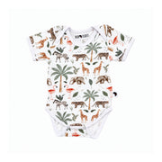 Front view: Classic Onesie- Two By Two in white with African animals, flamingos and palm trees