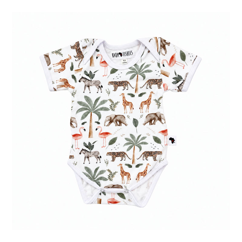 Front view: Classic Onesie- Two By Two in white with African animals, flamingos and palm trees