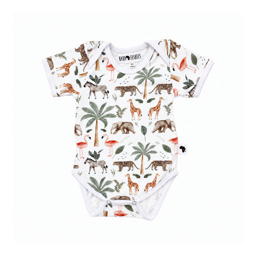 Front view: Classic Onesie- Two By Two in white with African animals, flamingos and palm trees