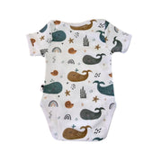 Back view of Classic Onesie - Whales on White short-sleeve cotton baby bodysuit with whale print