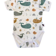 Classic Onesie - Whales on White short-sleeve cotton fabric and colourful whale print close-up