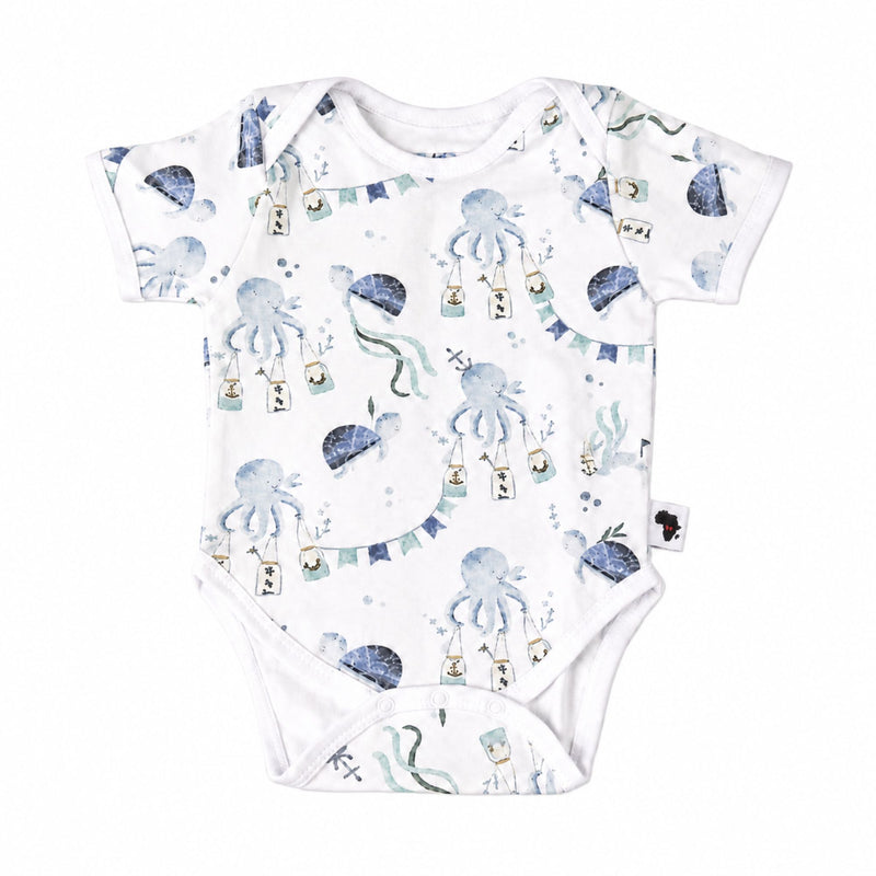 Classic Onesie short sleeve baby onesie in Otto the Octopus print with watercolour octopuses in blue tones on a white background