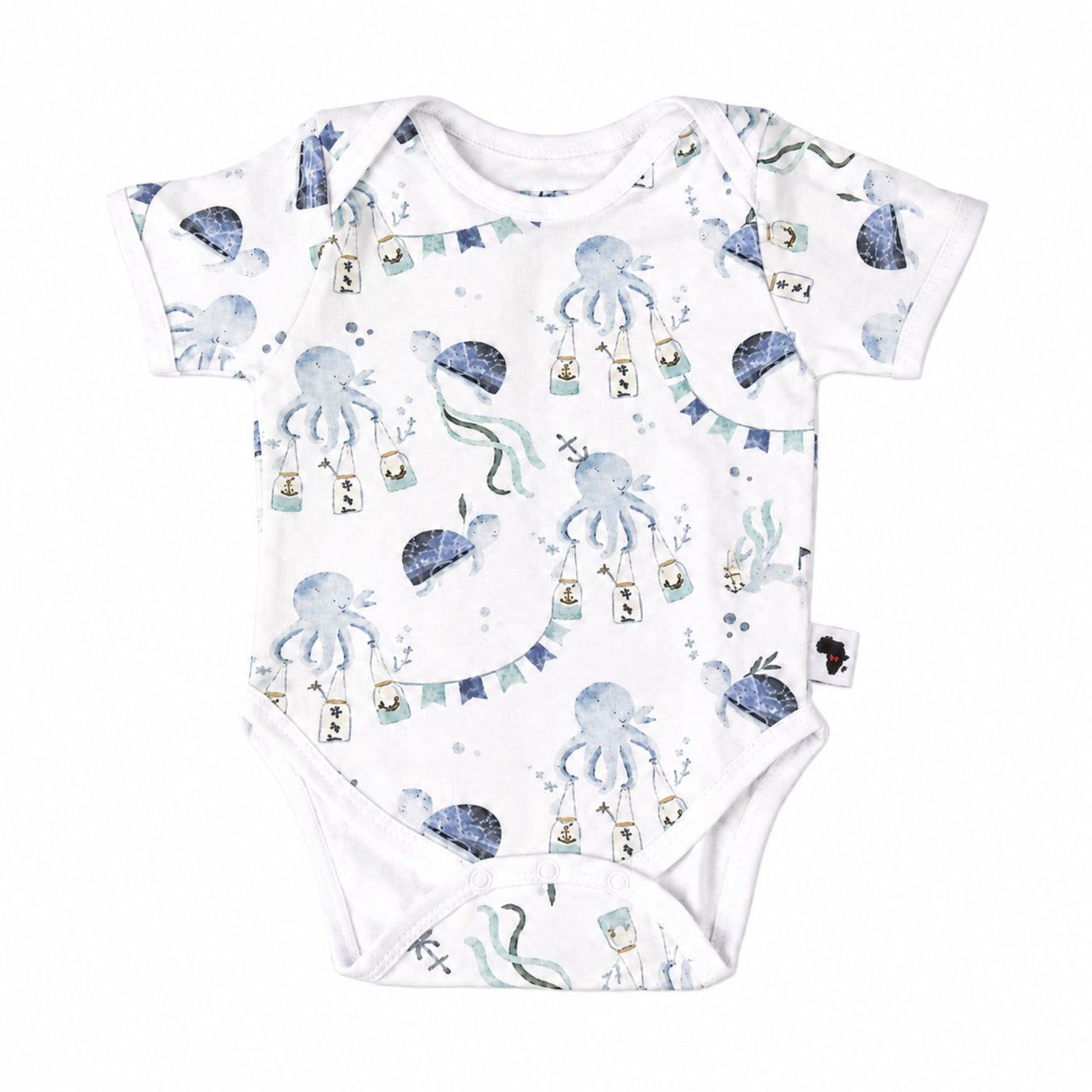 Classic Onesie short sleeve baby onesie in Otto the Octopus print with watercolour octopuses in blue tones on a white background