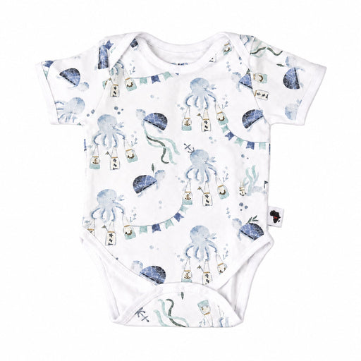 Classic Onesie short sleeve baby onesie in Otto the Octopus print with watercolour octopuses in blue tones on a white background