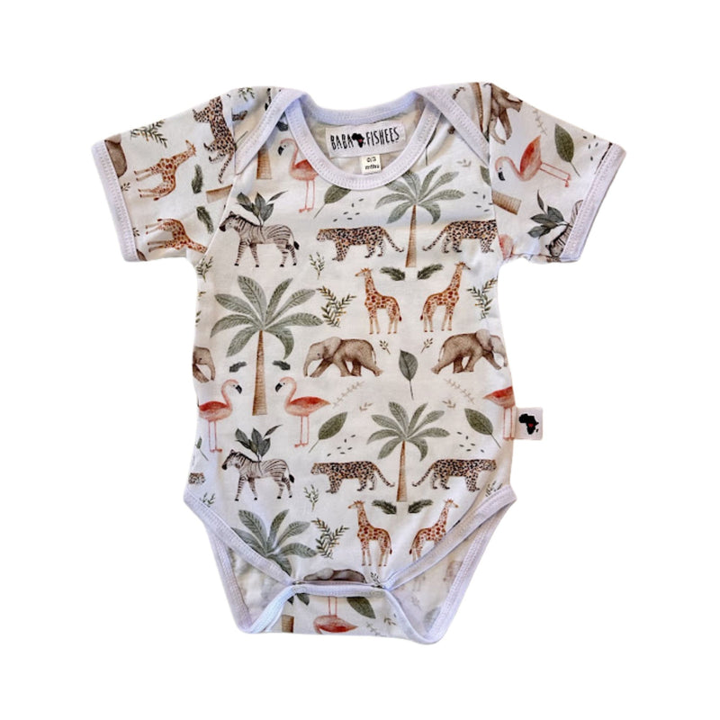 Front view: Classic Onesie- Two By Two in white with African animals, flamingos and palm trees