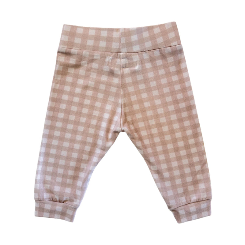 Back view: Back of pink and white Comfy Pants - Gingham with a wide waistband and relaxed fit