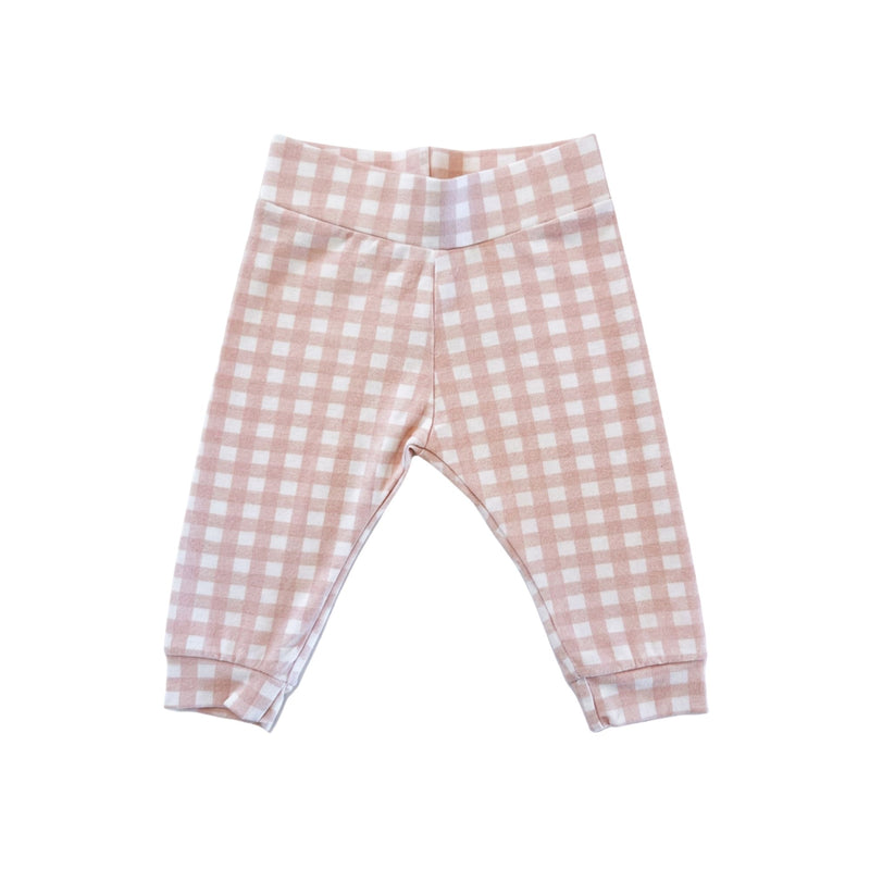 Front view: Pink and white Comfy Pants - Gingham with a wide waistband and cuffed ankles