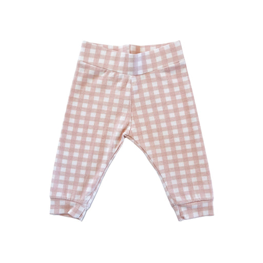 Front view: Pink and white Comfy Pants - Gingham with a wide waistband and cuffed ankles