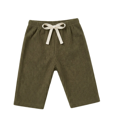 Olive green corduroy pants for toddlers, featuring an elastic waistband and a cream-colored drawstring bow