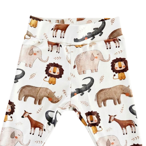 Cuff Pants - Okapi in white with okapi, elephant, lion, rhino and crocodile print and cuffed ankles - waistband up close