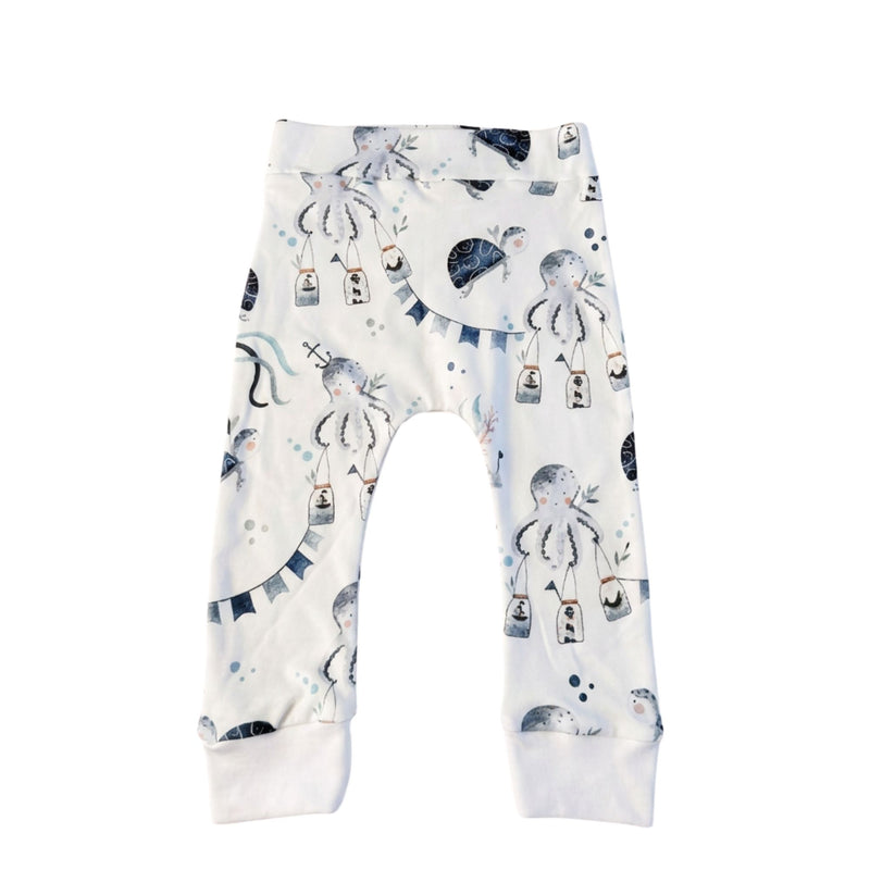 Cuff Pants - Otto the Octopus in white with octopus, turtles, bunting and ocean-themed details
