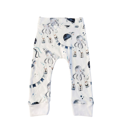 Cuff Pants - Otto the Octopus in white with octopus, turtles, bunting and ocean-themed details
