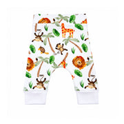 Back view of the Cuff Pants - Simba Watercolour on a white base, featuring lions, giraffes, monkeys, turtles, palm trees and green tropical leaves, with a wide waistband and deep white ankle cuffs.