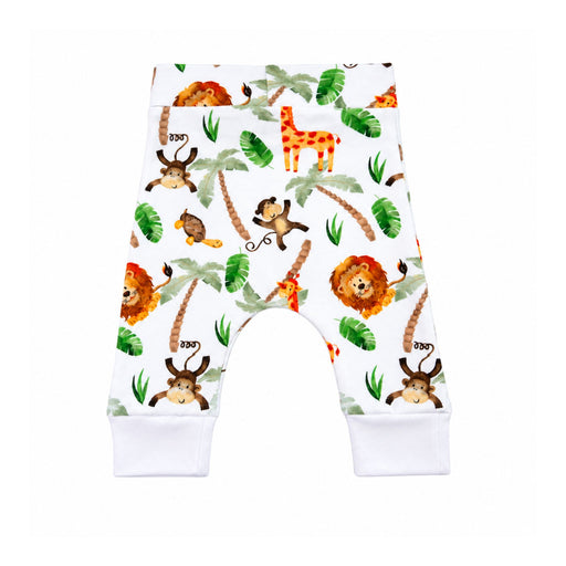 Back view of the Cuff Pants - Simba Watercolour on a white base, featuring lions, giraffes, monkeys, turtles, palm trees and green tropical leaves, with a wide waistband and deep white ankle cuffs.