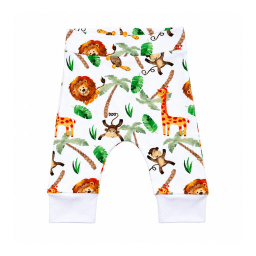 Front view of the Cuff Pants - Simba Watercolour with colourful watercolour lions, giraffes and monkeys among tropical foliage, finished with a wide pull-on waistband and deep white ankle cuffs.