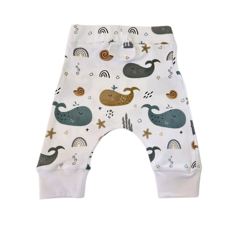 Back view of Cuff Pants - Whales on White white cotton baby pants with whale print