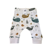 Cuff Pants - Whales on White white cotton baby pants with blue, grey and mustard whale print