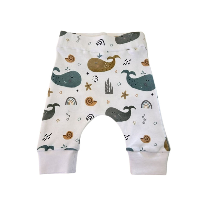 Cuff Pants - Whales on White white cotton baby pants with blue, grey and mustard whale print