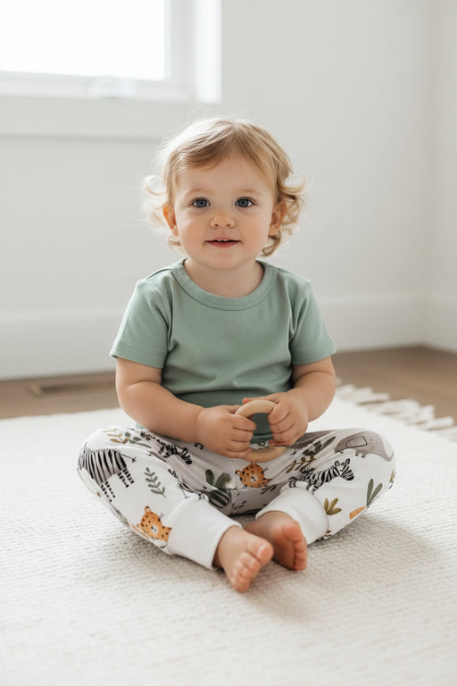 Baby cuff pants in white Zebra Party safari animal print with zebras, elephants, palms and cuffed ankles on a child