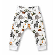 Baby cuff pants in white Zebra Party safari animal print with zebras, elephants, palms and cuffed ankles