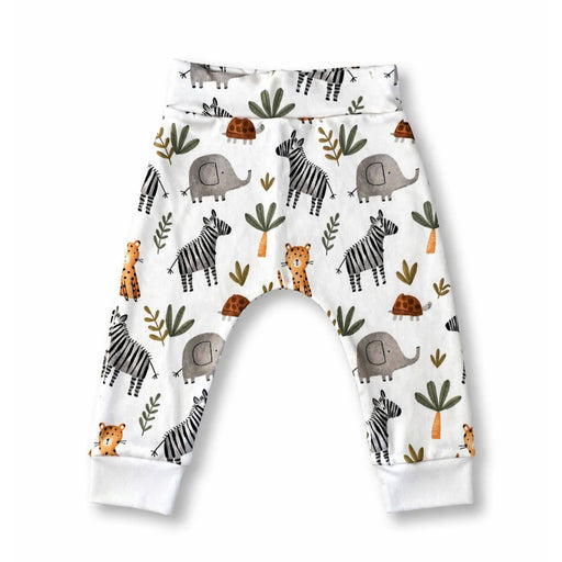 Baby cuff pants in white Zebra Party safari animal print with zebras, elephants, palms and cuffed ankles