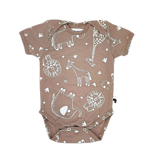 A soft, high-quality short sleeve cotton classic onesie in stone colour with white animal print.