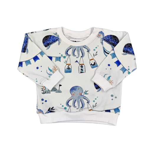 Sweat shirt made from interlock fabric with white binding and top stitching featuring our Otto the Octopus print.