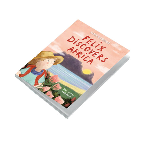 Book titled 'Felix Discovers Africa' with a child illustration on the cover.