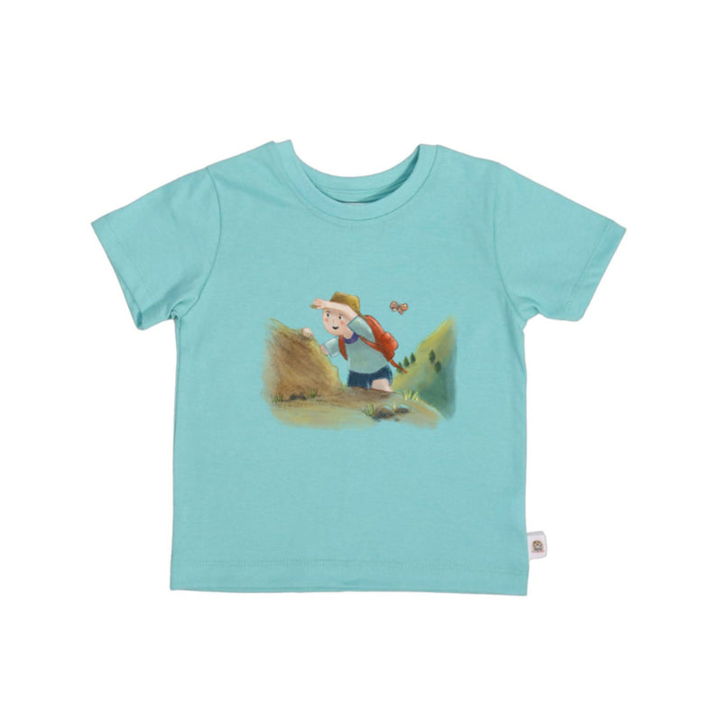 Tee Shirt - Felix - Placement Print seagrass kids’ tee with Felix explorer scene illustration and hills