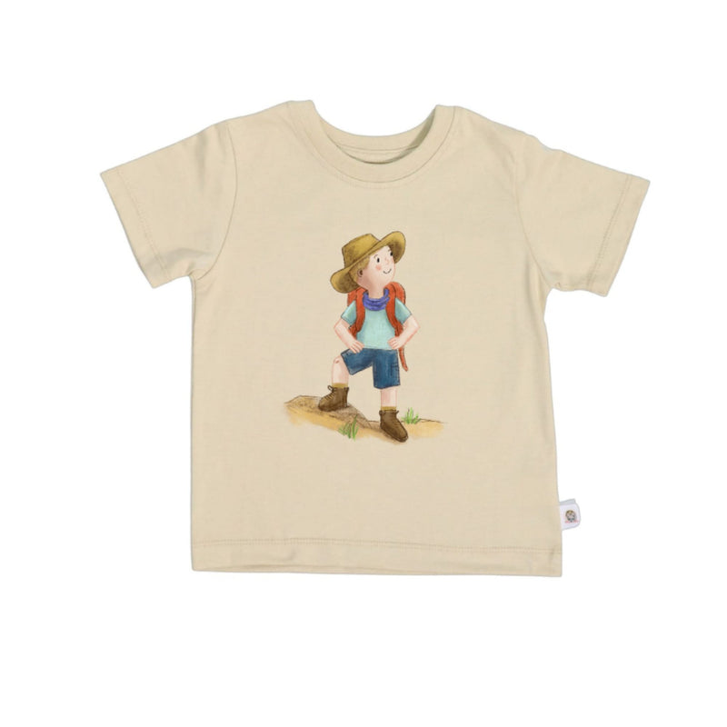 Tee Shirt - Felix - Placement Print stone kids’ tee with standing Felix explorer character illustration