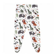 Back view of white Footy Pants – African Plains showing the wide waistband, enclosed feet and grey elephants, rust lions and green giraffes among leaves and flowers.