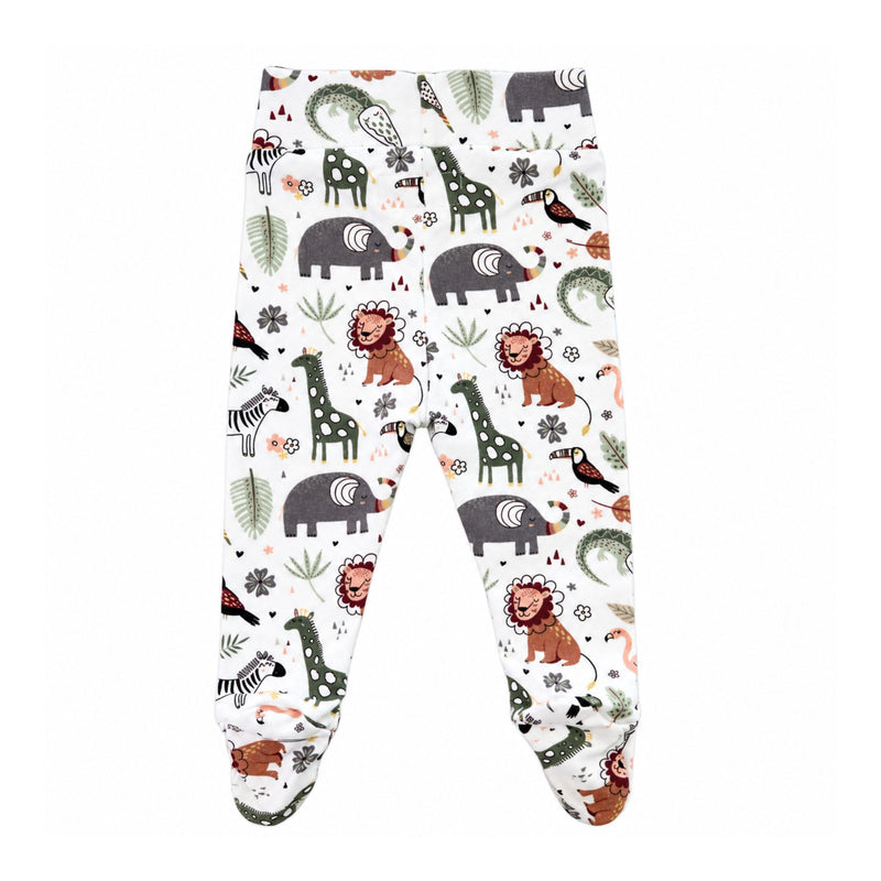 Back view of white Footy Pants – African Plains showing the wide waistband, enclosed feet and grey elephants, rust lions and green giraffes among leaves and flowers.