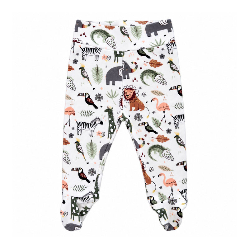 Front view of white Footy Pants – African Plains with a wide waistband, built-in feet and colourful elephant, lion, zebra, crocodile and bird print.