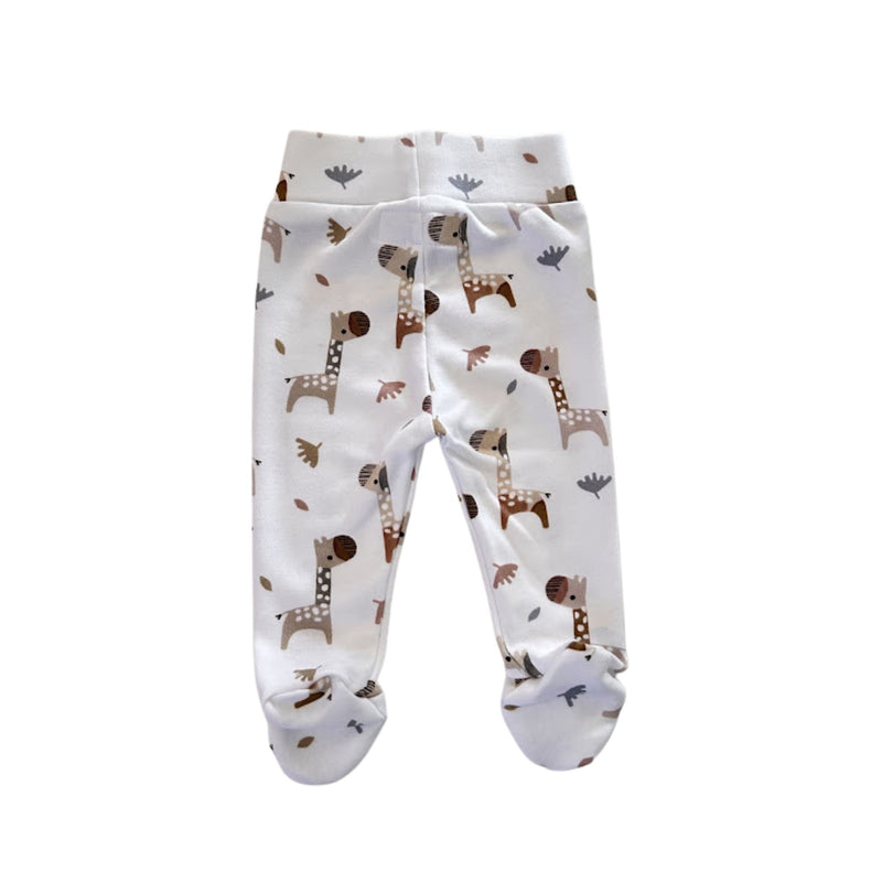 Back view of CUFF PANTS - KAMEELPERD White baby footy pants with giraffe and neutral animal print