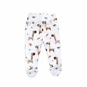 Back view of Footy Pants in the Kameelperd print, showing the all-over giraffe and leaf design, wide waistband, full-length legs and built-in feet.