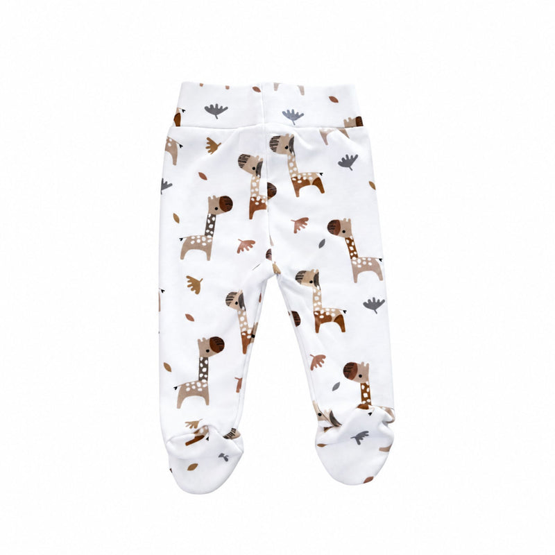 Back view of Footy Pants in the Kameelperd print, showing the all-over giraffe and leaf design, wide waistband, full-length legs and built-in feet.