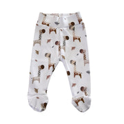 CUFF PANTS - KAMEELPERD White baby footy pants with giraffe and neutral animal print