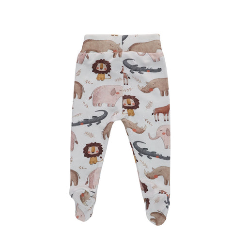 Footy Pants - Okapi - Neutral-toned safari animal baby footy pants with lion, rhino, elephant and crocodile print