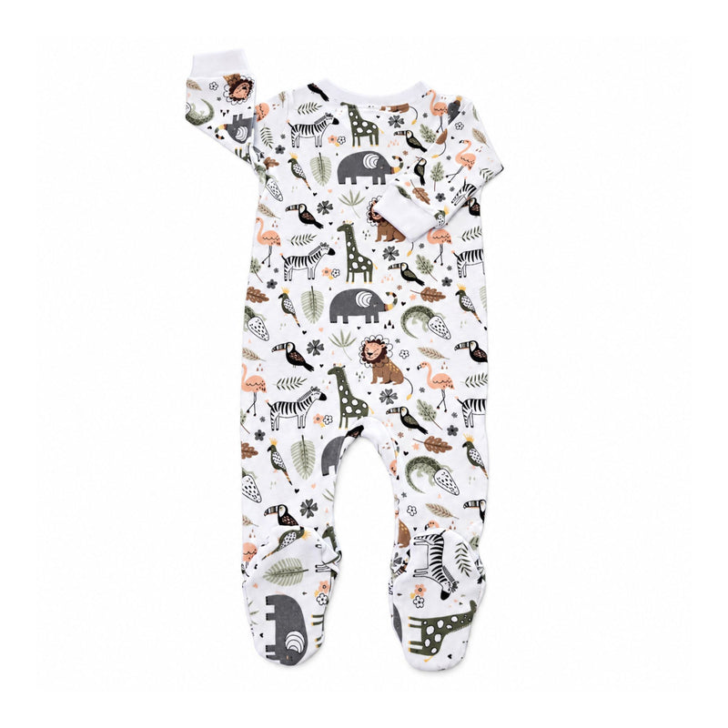 Back view of the African Plains Footy Romper, showing the all-over animal and botanical print, long sleeves with white cuffs and printed enclosed footies.