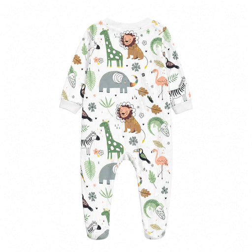 Back view of A baby romper featuring African safari-themed prints, including lions, zebras, giraffes, and leafy greenery, with full foot coverage for added warmth.