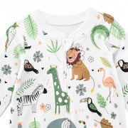 Closeup of a baby romper featuring African safari-themed prints, including lions, zebras, giraffes, and leafy greenery, with full foot coverage for added warmth.
