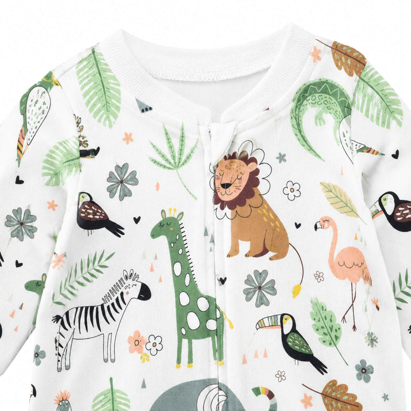 Closeup of a baby romper featuring African safari-themed prints, including lions, zebras, giraffes, and leafy greenery, with full foot coverage for added warmth.