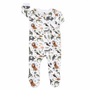 Front view of the white Footy Romper - African Plains, featuring lions, elephants, giraffes, zebras and birds in muted green, grey and peach, with a full-length zip and built-in footies.