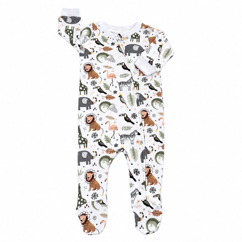 Front view of the white Footy Romper - African Plains, featuring lions, elephants, giraffes, zebras and birds in muted green, grey and peach, with a full-length zip and built-in footies.