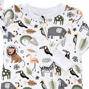 Close-up of the African Plains Footy Romper neckline, showing the white ribbed trim, concealed zip and detailed elephant, zebra, lion, flamingo and bird illustrations.