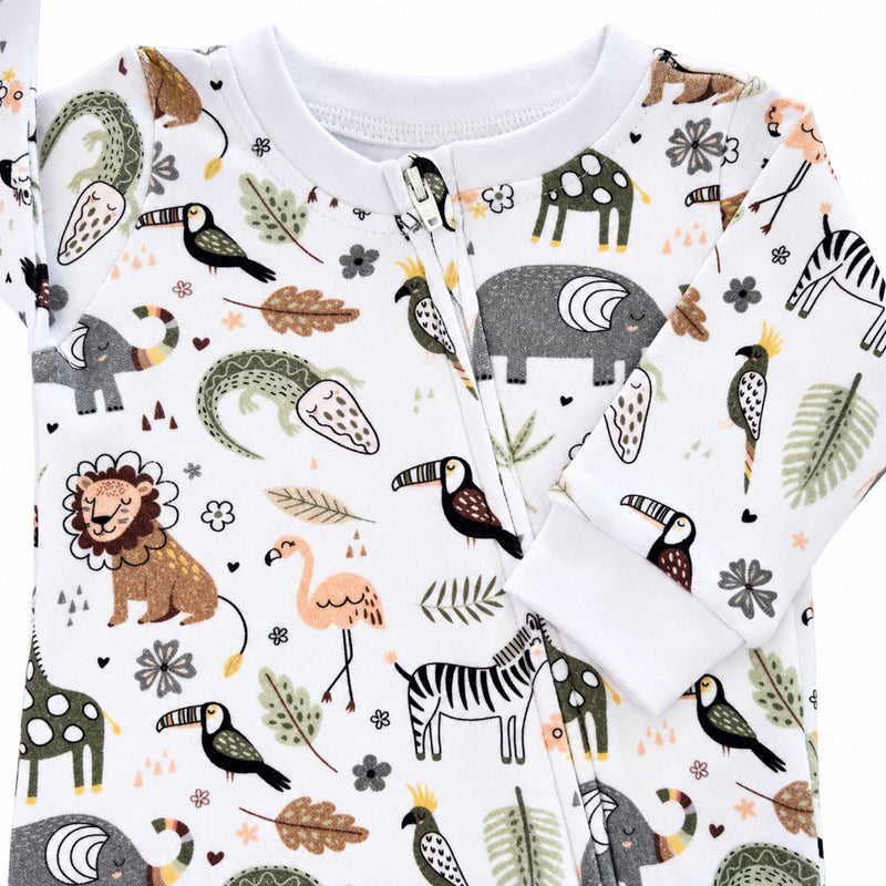 Close-up of the African Plains Footy Romper neckline, showing the white ribbed trim, concealed zip and detailed elephant, zebra, lion, flamingo and bird illustrations.