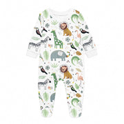 A baby romper featuring African safari-themed prints, including lions, zebras, giraffes, and leafy greenery, with full foot coverage for added warmth.